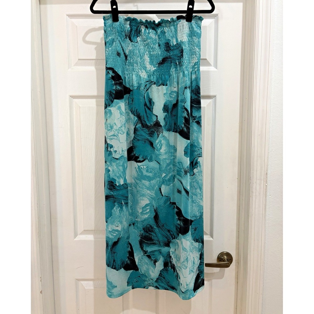 Soma Blue Floral Strapless Smocked Woven Midi Dress Women's Size L
